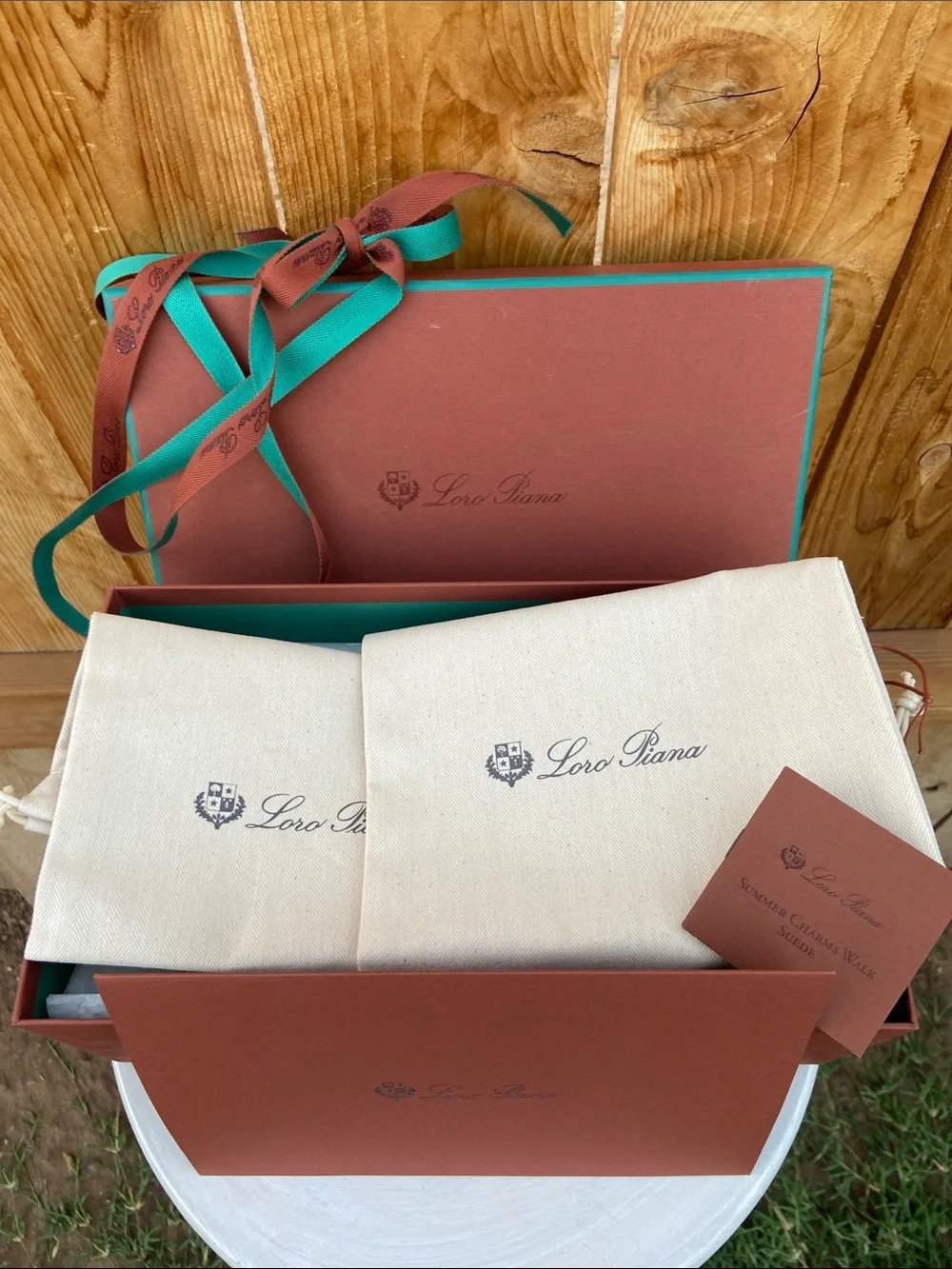 Loro Piana Shoe Box in Classic Rust w/ Turquoise Trim, 2 Dust Bags & Ribbon